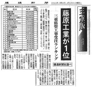 建通新聞「三重県管工事受注ランキング 藤原工業が1位」