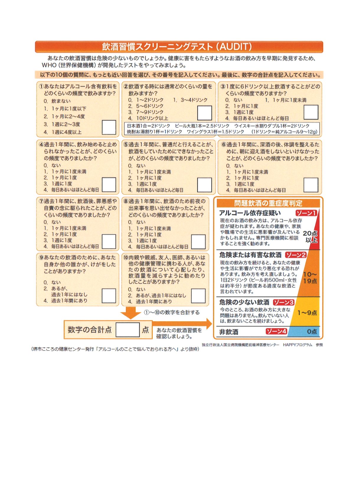 AUDITチェックリストをしました！（飲酒習慣スクリーニングテスト）